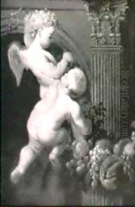 Two Putti Playing By A Swag Of Fruit by Erasmus Quellin