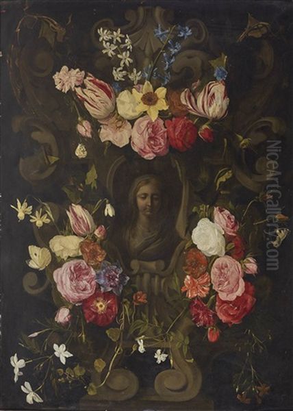 Stone Cartouche With Madonna, Surrounded By Flower Garlands - view 1