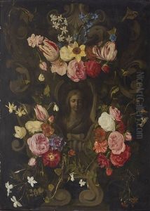 Stone Cartouche With Madonna, Surrounded By Flower Garlands by Erasmus Quellinus II