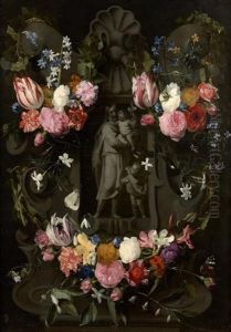 Saint Joseph Et L"enfant Avec Le Jeune Saint Jean Baptiste Dans Une Niche Entoure by Erasmus Quellinus II