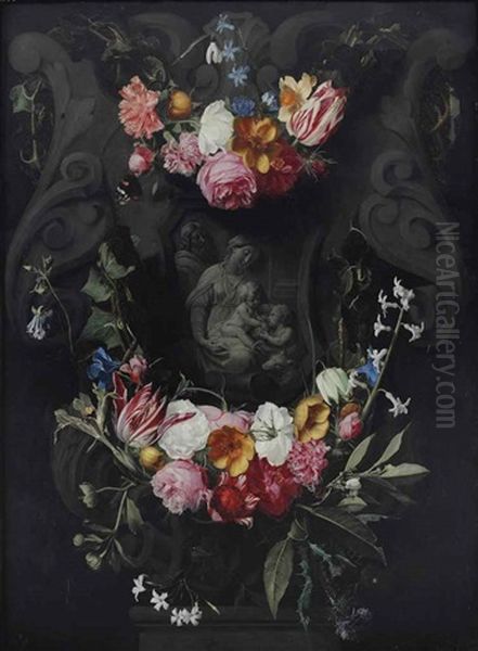 A Garland Of Flowers With The Holy Family And The Infant John In A Sculpted Cartouche - view 1