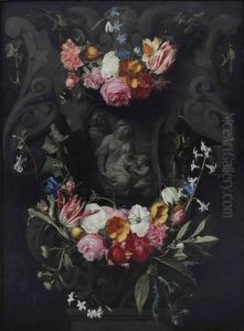 A Garland Of Flowers With The Holy Family And The Infant John In A Sculpted Cartouche by Erasmus Quellinus II