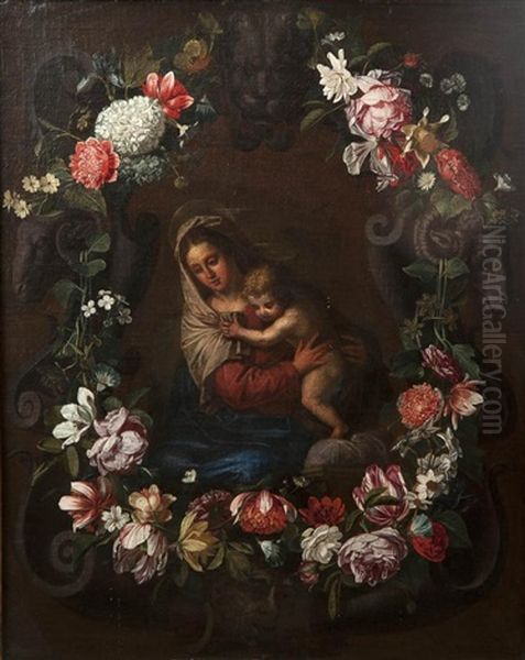 Vierge A L"enfant Dans Une Couronne De Fleurs - view 1