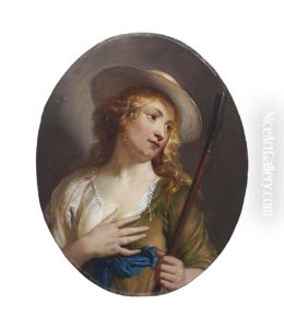 A Young Shepherdess Wearing A Straw Hat With A Shepherd's Crook by Erasmus Quellinus II