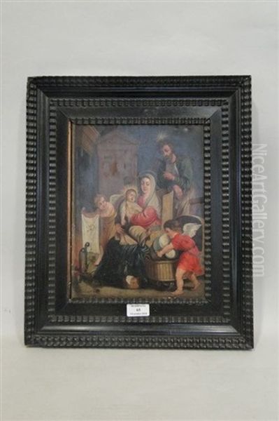 La Sainte Famille Se Rechauffant Pres De L'atre, Avec Deux Anges S'appretant A Coucher L'enfant Jesus Dans Un Berceau En Osier - view 1