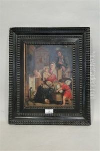La Sainte Famille Se Rechauffant Pres De L'atre, Avec Deux Anges S'appretant A Coucher L'enfant Jesus Dans Un Berceau En Osier by Erasmus Quellinus II