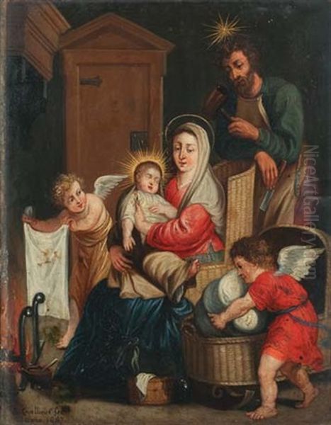 La Sainte Famille Se Rechauffant Pres De L'atre, Avec Deux Anges S'appretant A Coucher L'enfant Jesus Dans Un Berceau En Osier - view 1
