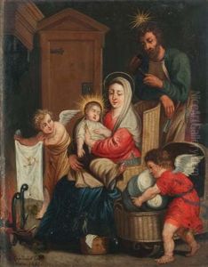 La Sainte Famille Se Rechauffant Pres De L'atre, Avec Deux Anges S'appretant A Coucher L'enfant Jesus Dans Un Berceau En Osier by Erasmus Quellinus II