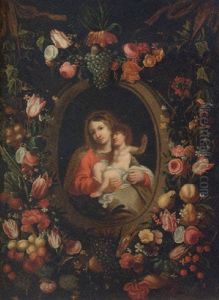 The Madonna And Child Within A Feigned Cartouche With Mixed Flowers And Fruits
