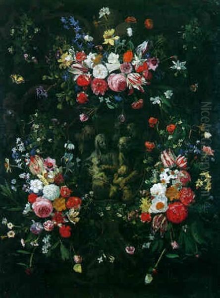 La Sainte Famille Avec Saint-jean Baptiste Et Sainte-anne Entouree D'une Guirlande De Fleurs - view 1