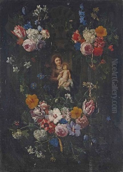 Vierge A L'enfant Dans Une Couronne De Fleurs - view 1