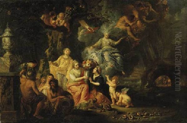 The Four Elements: Neptune Seated By A Sculpted Vase On A Pedestal On A Shore, Ceres And Her Attendants Nearby, Juno In Flight Above, Jupiter Casting His Bolts At Vulcan - view 1