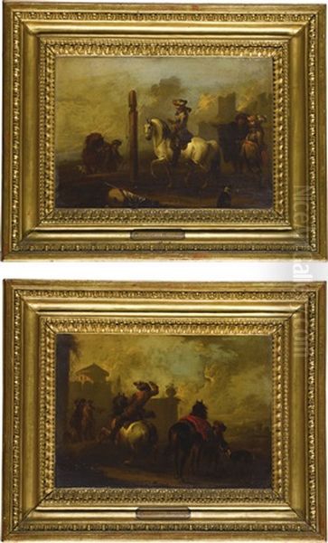 A Huntsman On Horseback With Others Outside A Walled Palace; Horsemen And Cavaliers By Ruins - view 1