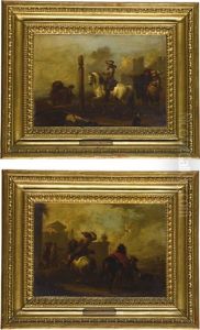 A Huntsman On Horseback With Others Outside A Walled Palace; Horsemen And Cavaliers By Ruins by August Querfurt