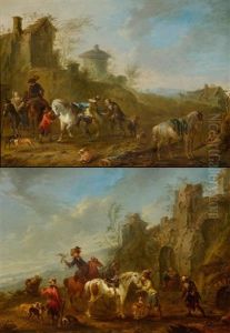 Pair Of Works: Traveller On Horseback In A Landscape/farrier Before A Rocky Cave by August Querfurt