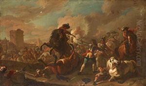 Battle Scene Ouside The City Wall by August Querfurt