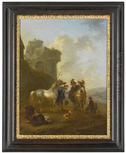 A Horsetrader Displaying His Wares And A Peasant Feeding Horses By A Rocky Archway (pair)