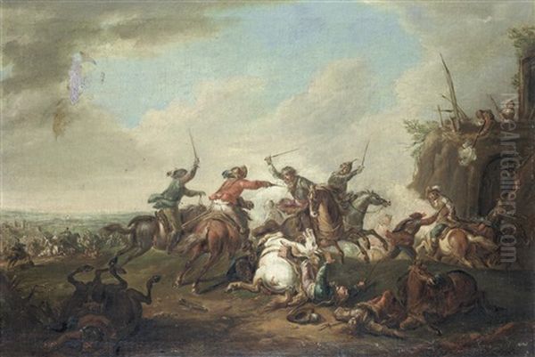 A Cavalry Skirmish; And A Cavalry Skirmish With Figures Firing From The Rooftop (pair) - view 1