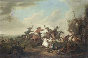 A Cavalry Skirmish; And A Cavalry Skirmish With Figures Firing From The Rooftop (pair) by August Querfurt