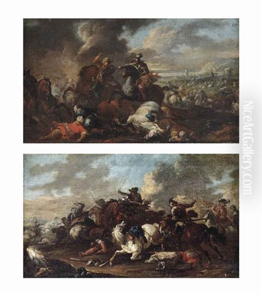 A Battle Between Knights And Ottomans And A Cavalry Skirmish (pair) - view 1
