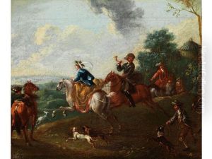 Jagdgesellschaft In Hugeliger Landschaft by August Querfurt