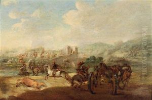 Reitergefecht, Im Vordergrund Eine Kanone Mit Einem Reiter by August Querfurt