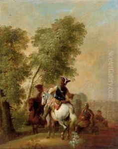 Reiter In Einer Bewaldeten Landschaft (+ Rastende Reiter In Einer Landschaft; Pair) by August Querfurt