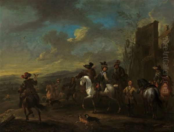 Elegante Gesellschaft Im Aufbruch Zur Falkenjagd - view 1