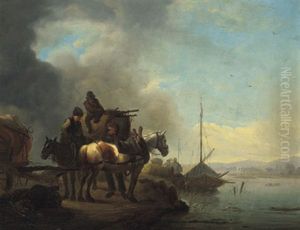 Pferde Mit Reitern Und Ein Mit Gutern Beladener Wagen An Einem Fluss Pferde Mit Reitern Und Ein Mit Gutern Beladener Wagen An Einem Fluss