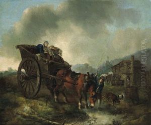 Ein Gesatteltes Pferd Mit Wagen Wird Von Einem Knaben Zur Tranke Gefuhrt by August Querfurt