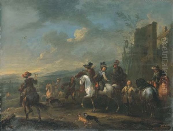 A Hawking Party With A Village And An Extensive Landscape Beyond - view 1