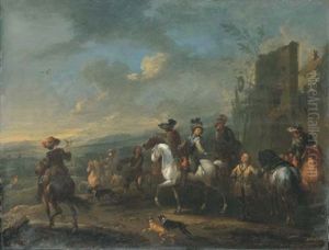 A Hawking Party With A Village And An Extensive Landscape Beyond