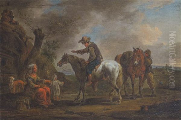 Zwei Reiter Und Eine Rastende Bauerin Mit Ihrem Kind Vor Einer Bauernkate Links - view 1