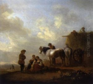Rastende Bauern Vor Einem Heuwagen Auf Einem Feld