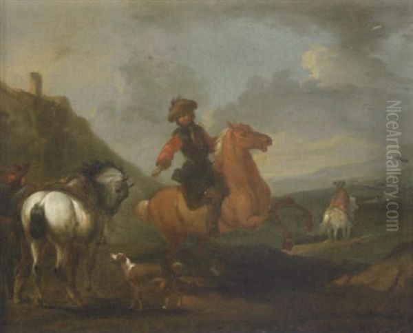 A Riding Party Preparing To Depart In A Mountainous Landscape - view 1