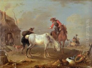 Ein Reiter Spricht Mit Einem Pferdeknecht, Der Sich An Einen Abgesattelten Schimmel Lenht by August Querfurt