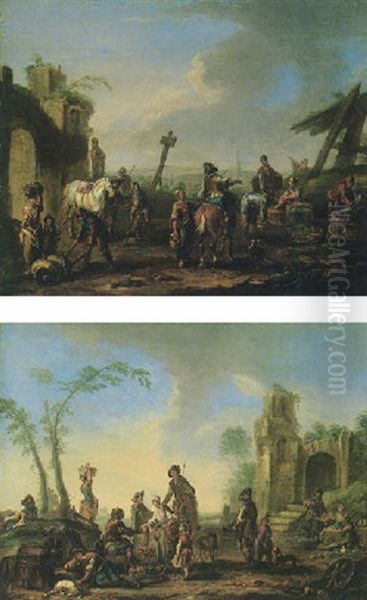 Figures Buying And Selling Fruit And Vegetables Before A Ruined Tower - view 1