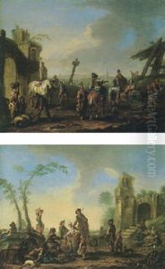 Figures Buying And Selling Fruit And Vegetables Before A Ruined Tower by August Querfurt