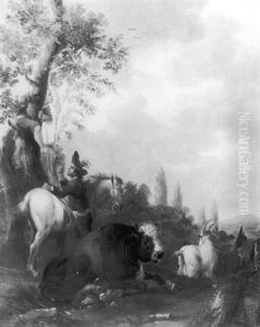 A Traveller By His Horse Helping His Friend Up A Tree, A Bull And Goat Resting Nearby