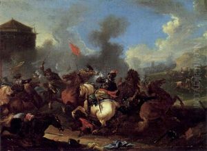 Reitergefecht In Einer Gebirgigen Landschaft by August Querfurt