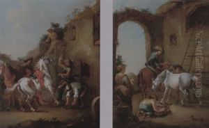 Cavaliers Halted At A Farrier's by August Querfurt