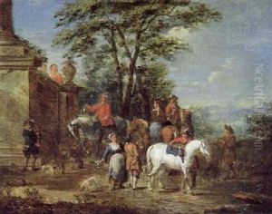 Rastende Jagdgesellschaft Vor Einem Schlos by August Querfurt