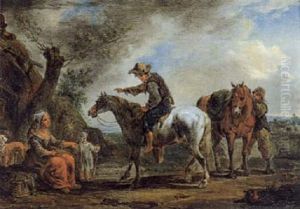 Rastende Reiter Und Eine Frau Am Wegesrand Rastende Reiter Und Eine Frau Am Wegesrand