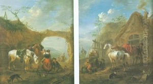 Chevaux Et Paysans Dans La Cour De La Ferme by August Querfurt