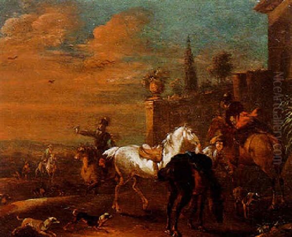 A Landscape With Falconers And Huntsmen Resting In Front Of A Villa - view 1