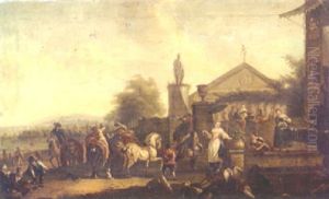 A Capriccio Scene With Figures Returning From The Hunt And Servants Preparing A Feast by August Querfurt