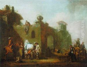 Riders Attending To Their Horses Beside A Fortified House, With Farmers Herding Their Animals Beyond