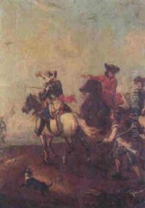 A Cavalry Officer Leading Foot Soldiers And Other Riders On A Path by August Querfurt