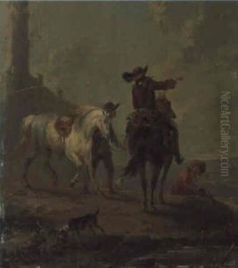 Zwei Reiter Mit Hunden by August Querfurt