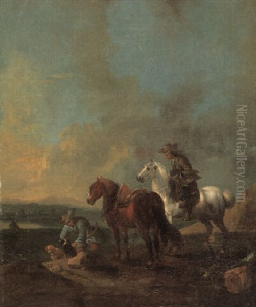 Two Huntsmen With Their Horses And Dogs - view 1